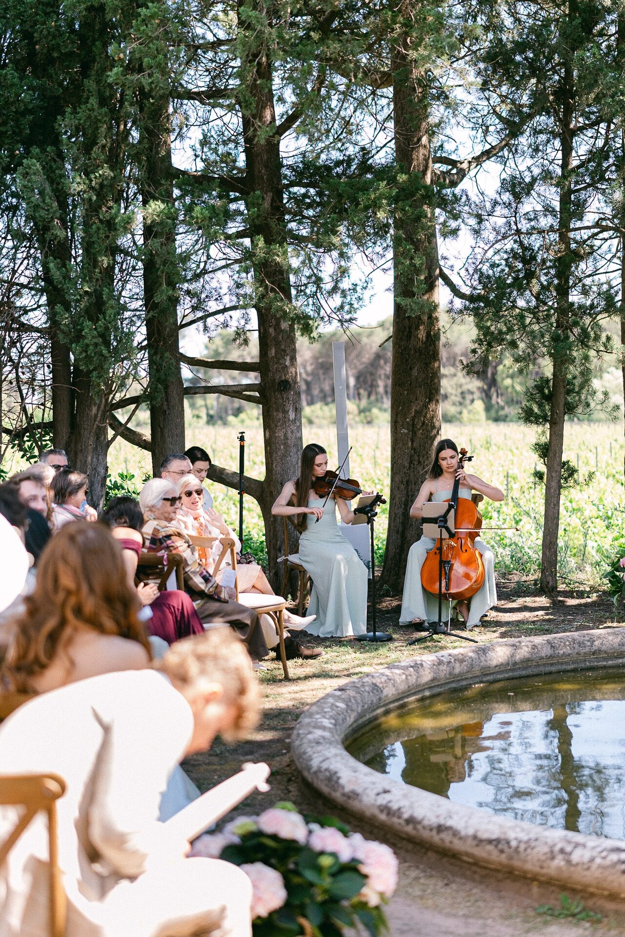Duo violon et violoncelle jouant devant des invités, vignoble en arrière-plan